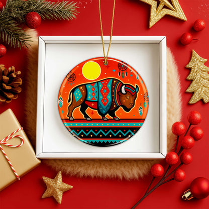 Tribal Bison Ceramic Ornament - Indigenous Inspired for Holiday Decor