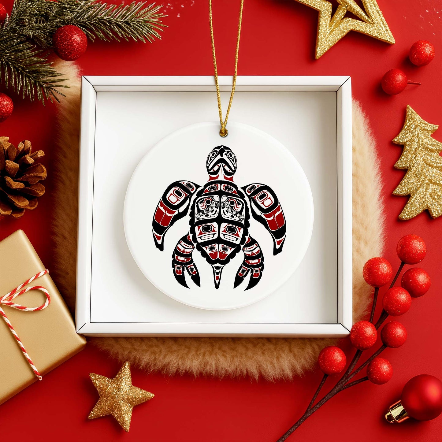 Native Turtle Ceramic Ornament - Indigenous Tribal Art for Holiday Decor
