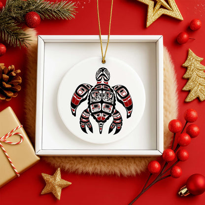 Native Turtle Ceramic Ornament - Indigenous Tribal Art for Holiday Decor