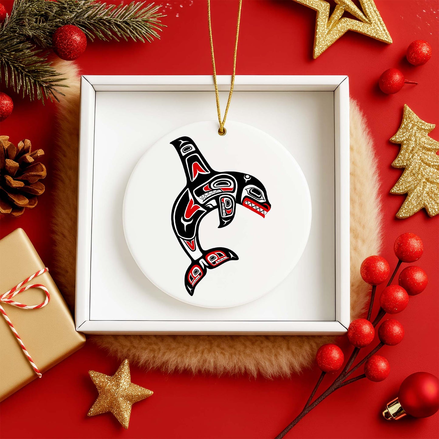 Tribal Orca Whale Ceramic Ornament - Unique Native Art for Holiday Decor