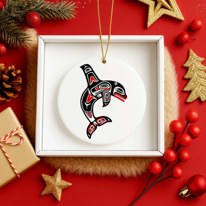 Tribal Orca Whale Ceramic Ornament - Unique Native Art for Holiday Decor