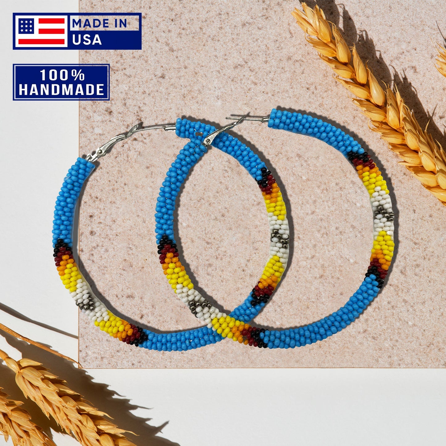 Handmade Cyan Blue 3-Inch Hoop Beaded Earrings for Women