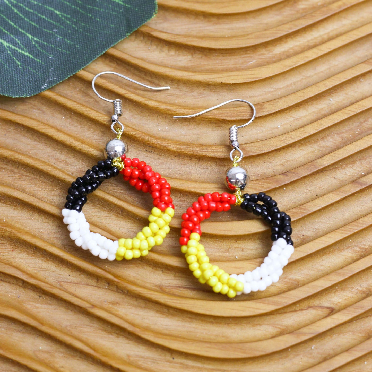 Beaded Circle Earrings – Red, Black, and Yellow