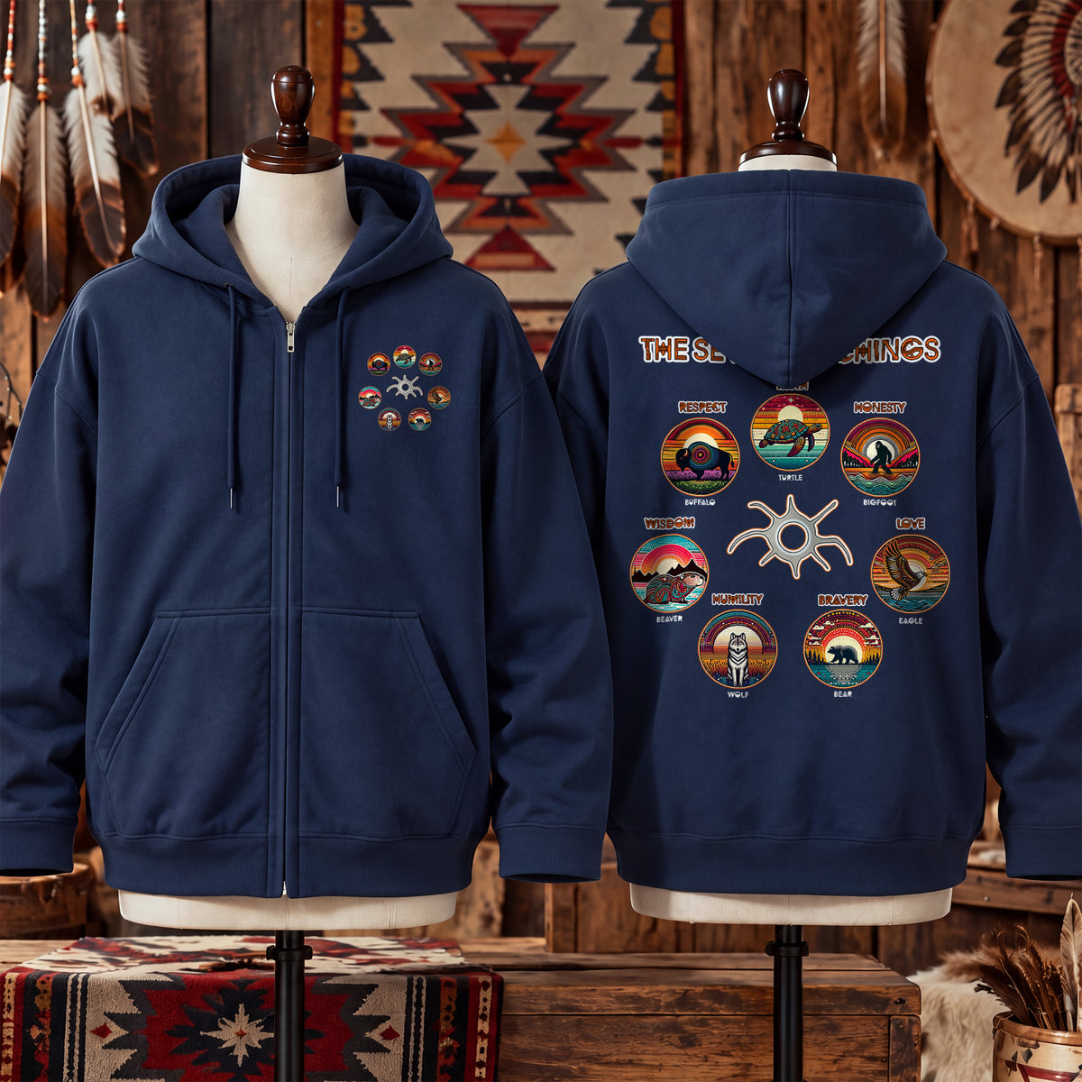 The Seven Sacred Laws Animal Symbols Indigenous - Two Sides Unisex Hoodie Zip
