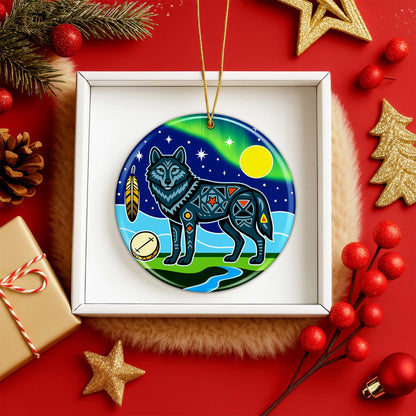Tribal Wolf Ceramic Ornament - Indigenous Inspired for Holiday Decor