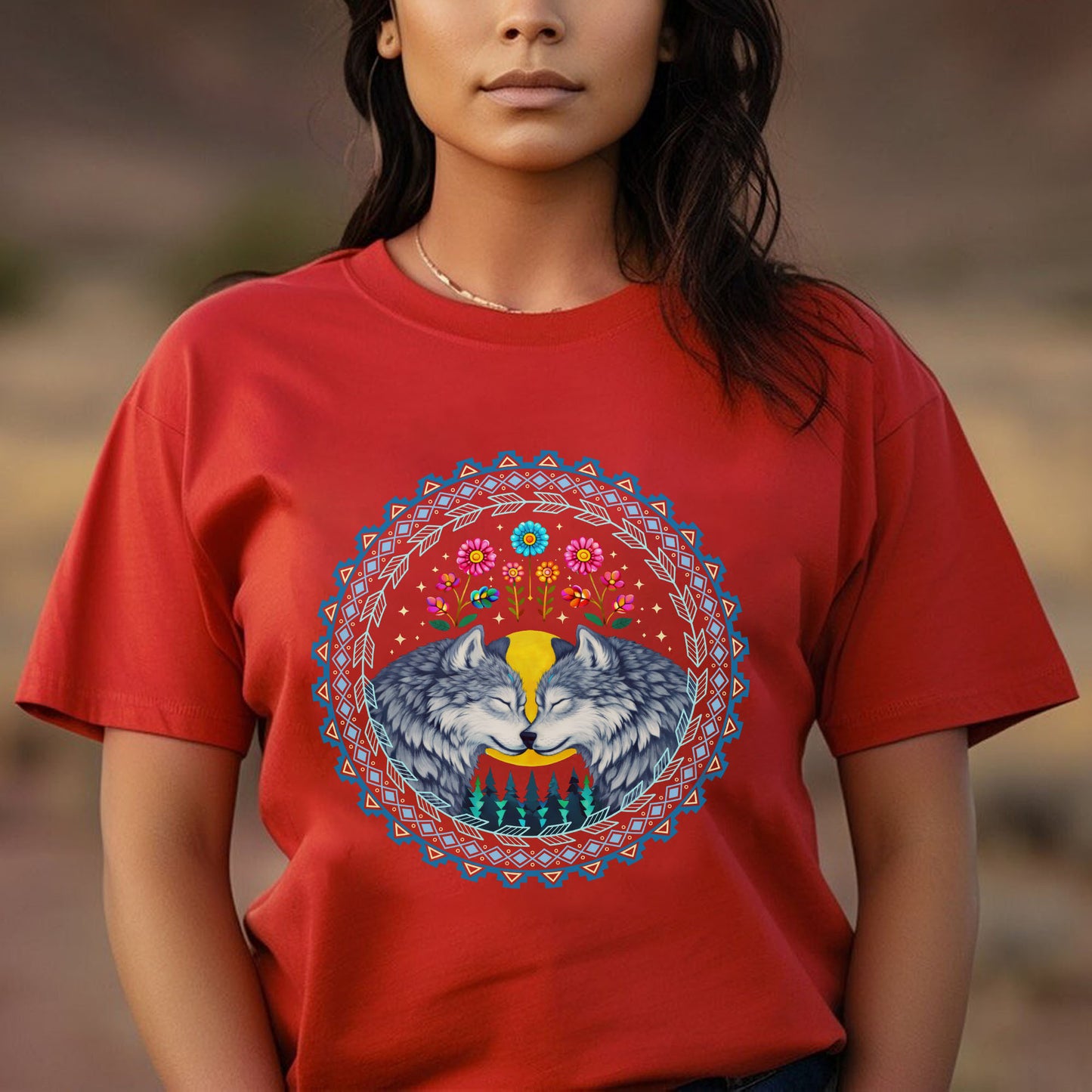 Two Wolves in Love Native Circle - Indigenous Art of Unity & Love Unisex T-shirt/T-shirt V-neck/Hoodie/Sweatshirt