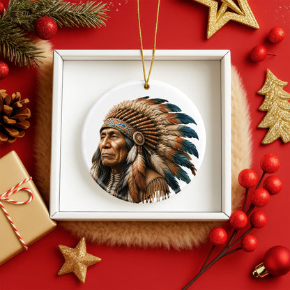 Native American Chief Portrait Christmas Ornament – Tribal Heritage Ceramic Holiday Tree Decoration