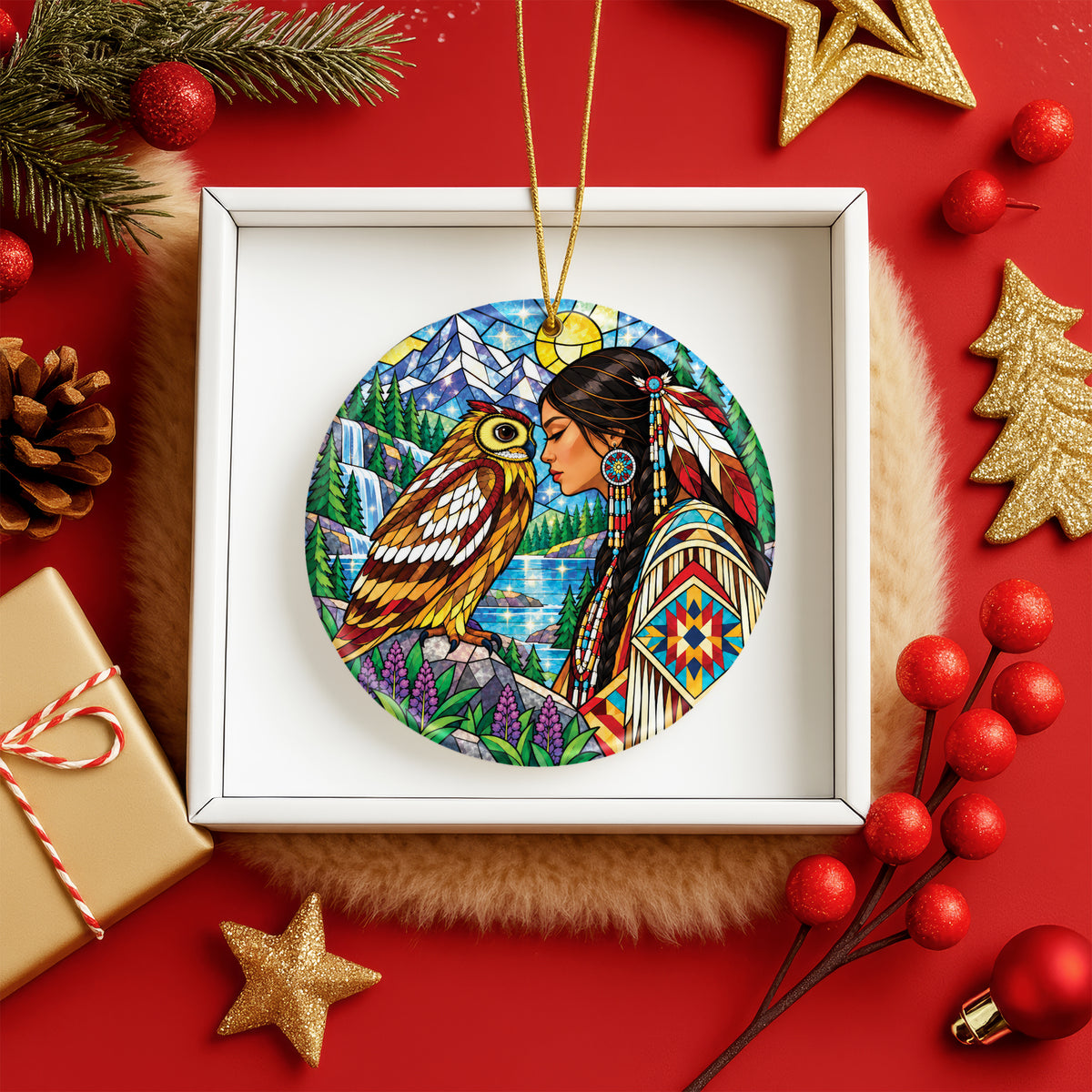 Owl And Woman Stained Glass Ceramic Christmas Ornament Holiday Decor