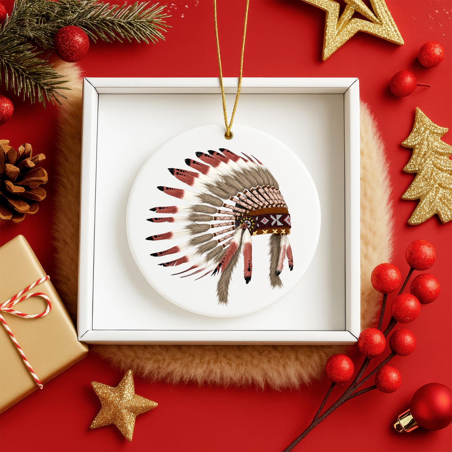 Native Chief Headdress Ceramic Ornament – Tribal Heritage Christmas Tree Decor