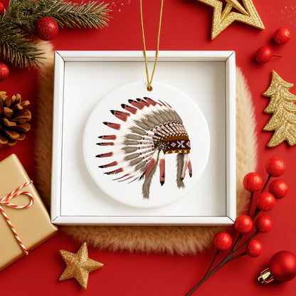 Native Chief Headdress Ceramic Ornament – Tribal Heritage Christmas Tree Decor