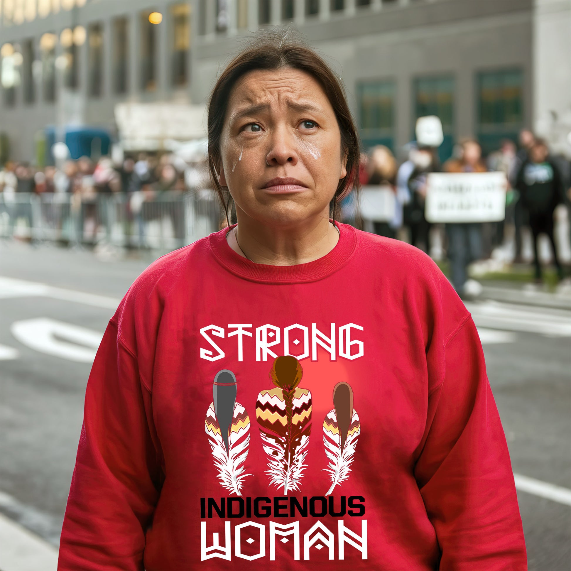 a woman in a red shirt standing in front of a crowd