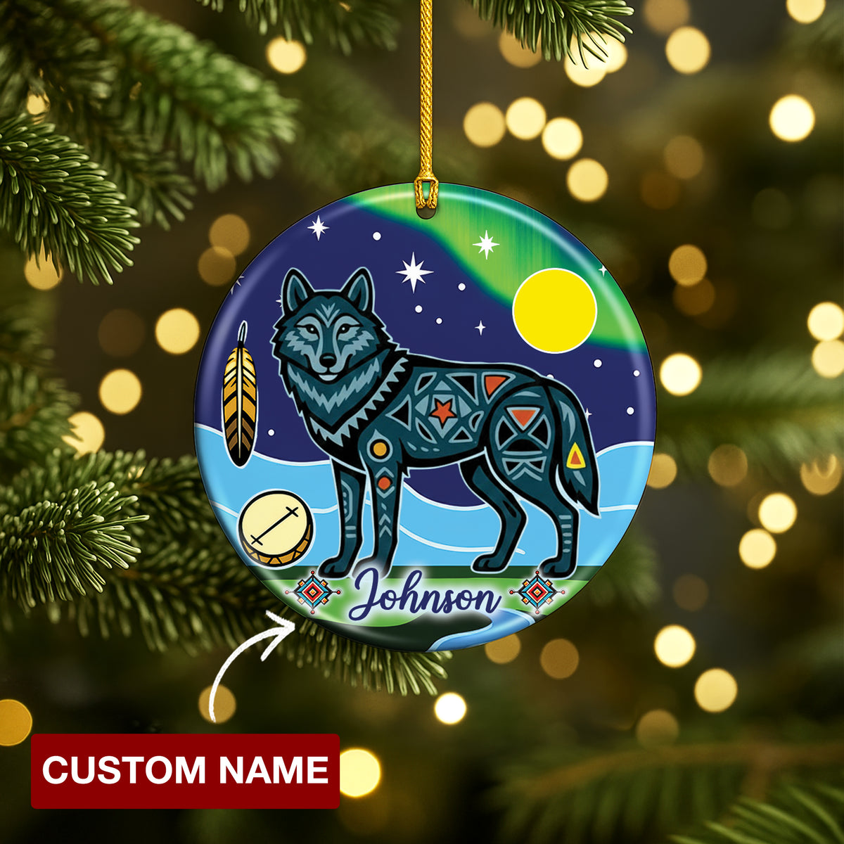 Custom Name Native Tribal Animal Ceramic Christmas Ornament.