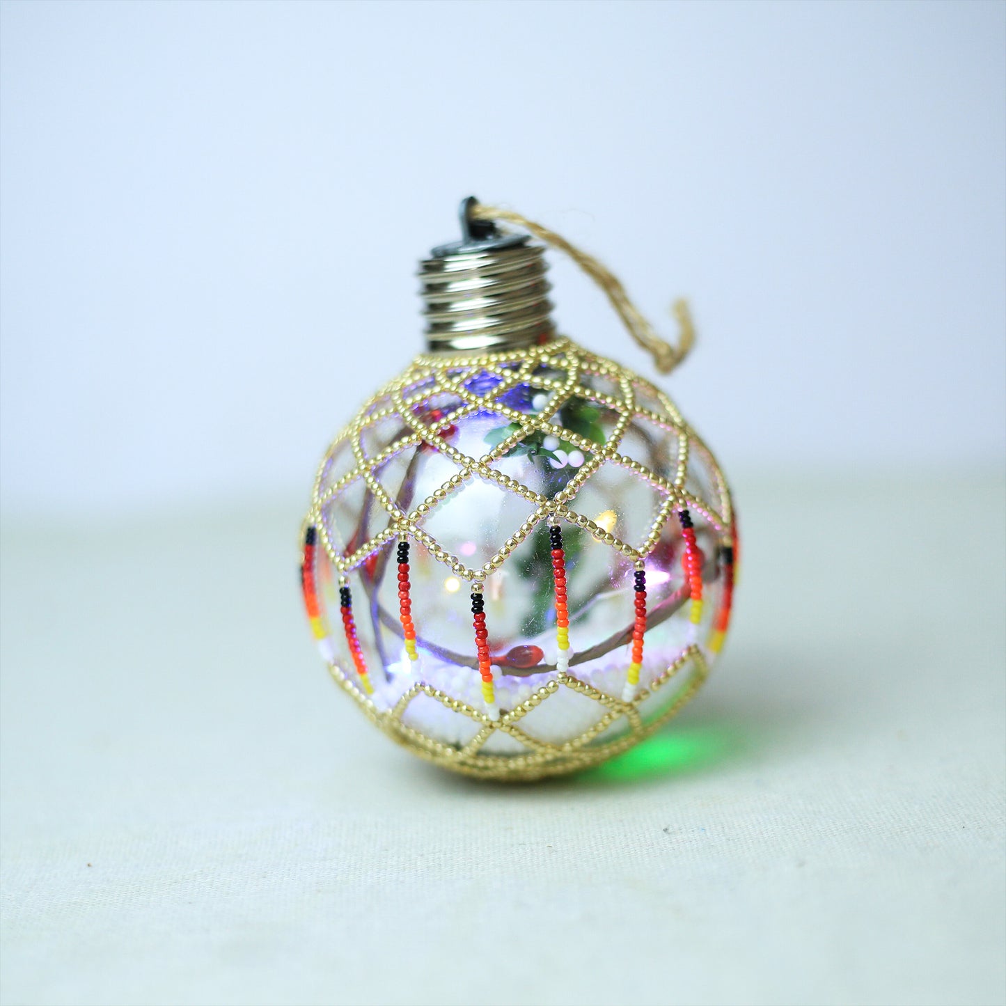 Silver Sparkly Handmade Beaded Ornament with Luminous Lights - Holiday Decor & Gifts