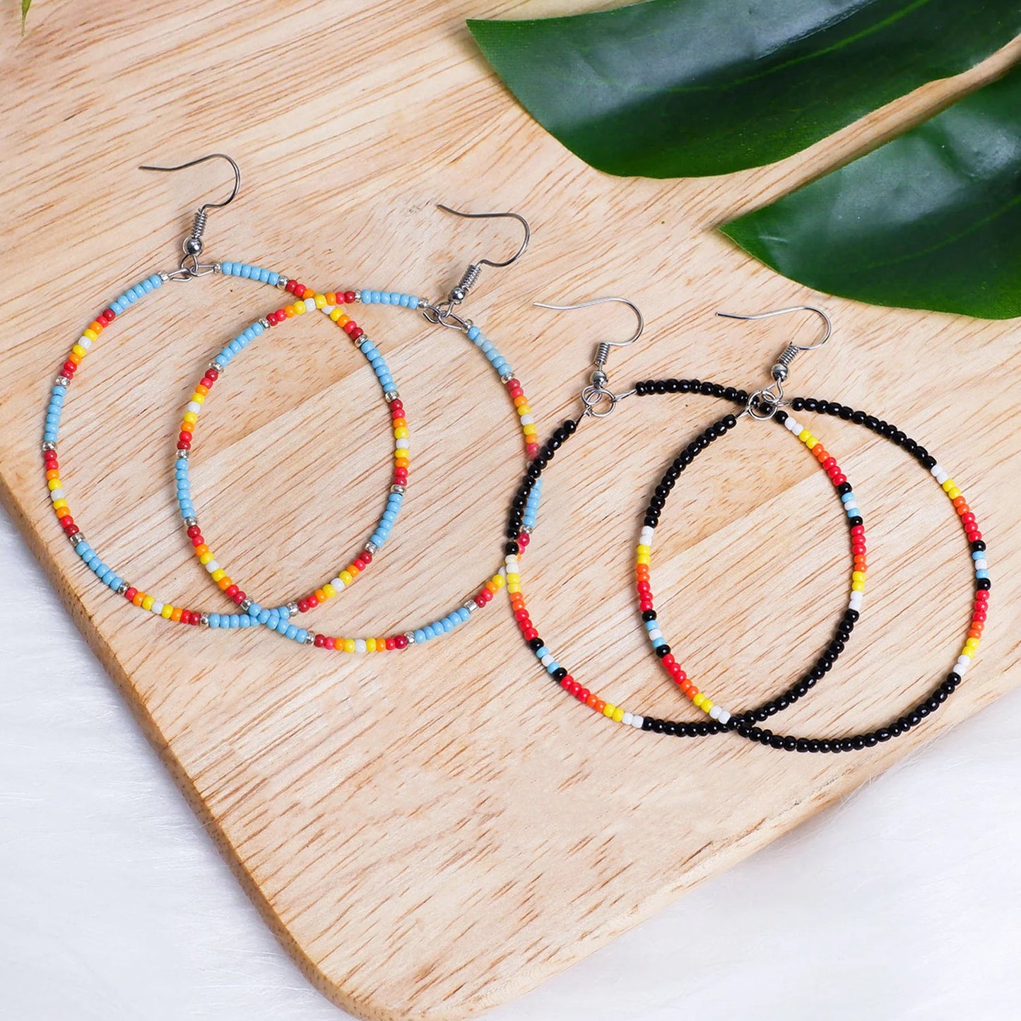 SALE 50% OFF - Black Round Pattern Beaded Handmade Hoop Earrings For Women