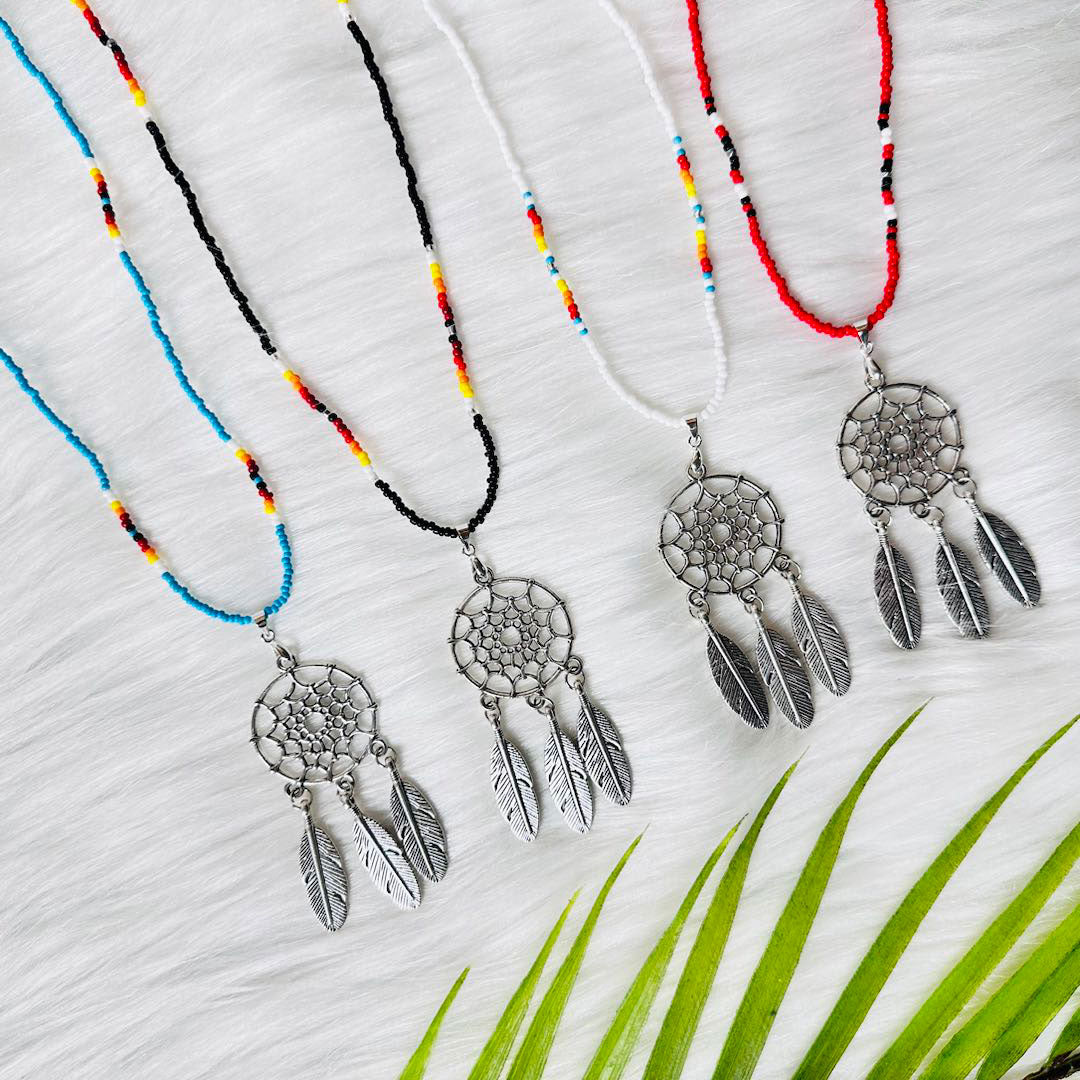 SALE 50% OFF - Long Silver Dreamcatcher Red Petals Handmade Beaded Necklace For Women With Native American Style