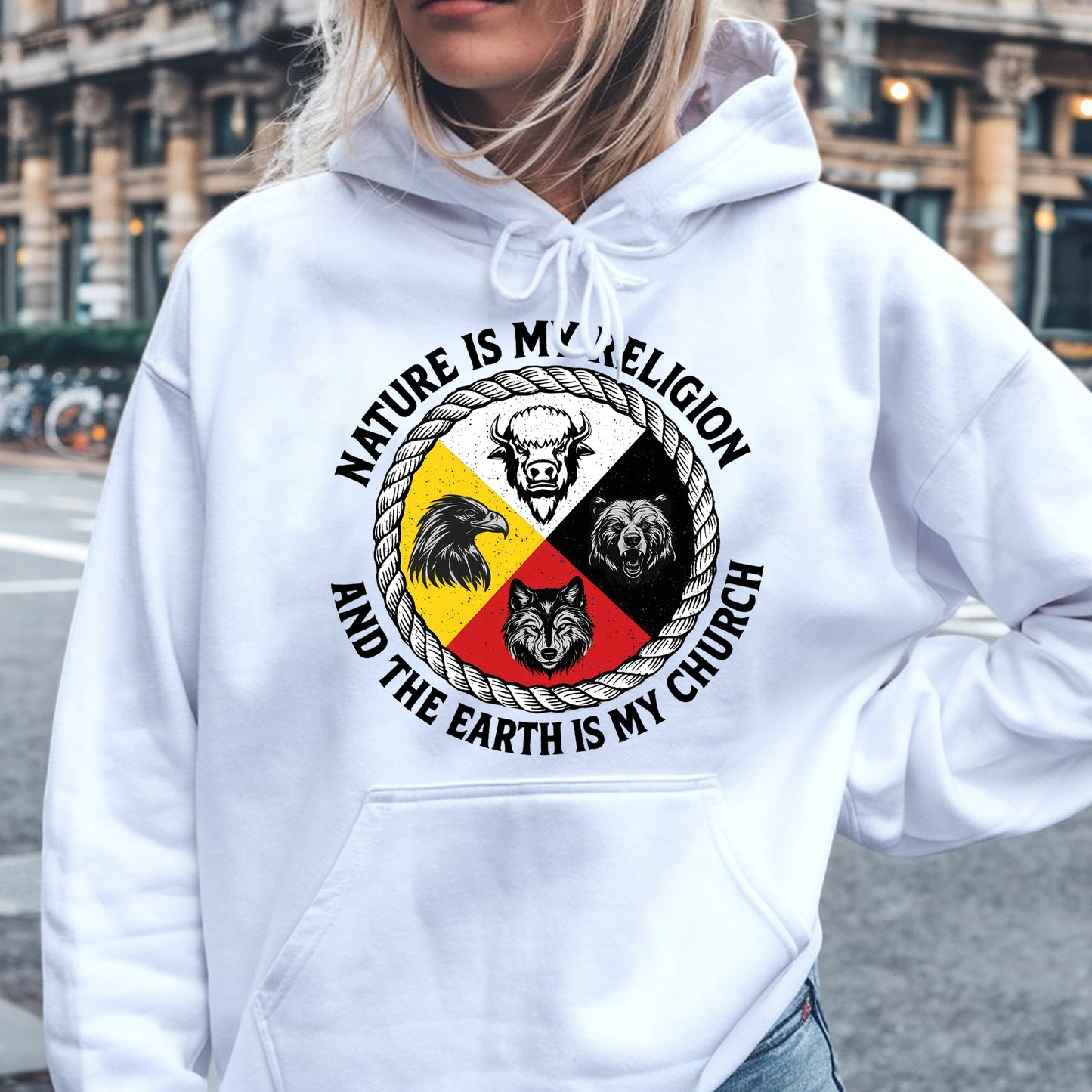 Nature Is My Religion, The Earth Is My Church - Four Animals Medicine Wheel Unisex T-Shirt/T-Shirt V-Neck/Hoodie/Sweatshirt