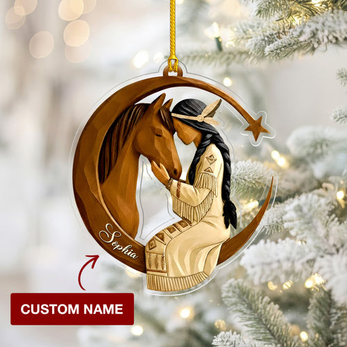 Native American Christmas - Horse and Maiden - Custom Name Design - Ornament Acrylic
