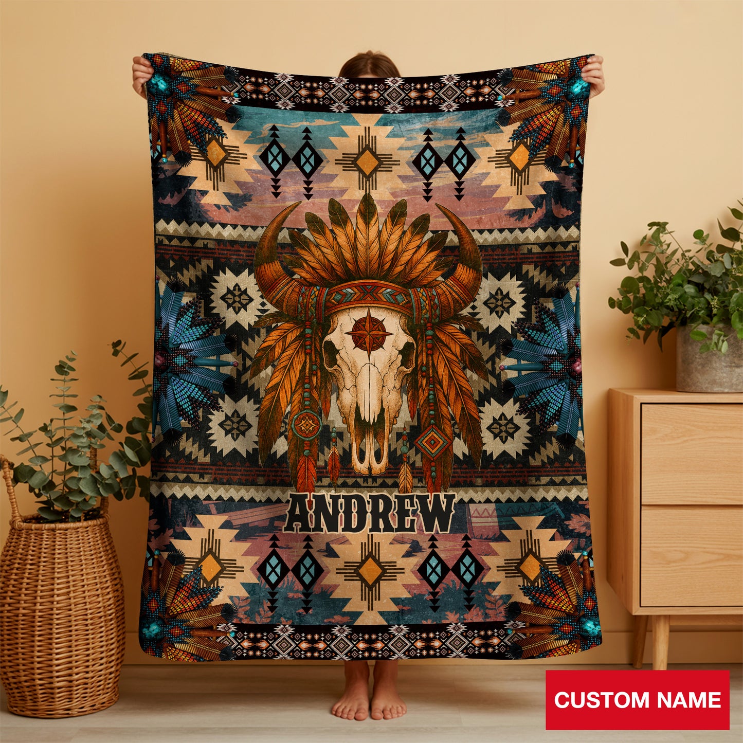 Custom Native American Buffalo Skull Tribal Fleece Blanket