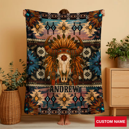 Custom Native American Buffalo Skull Tribal Fleece Blanket