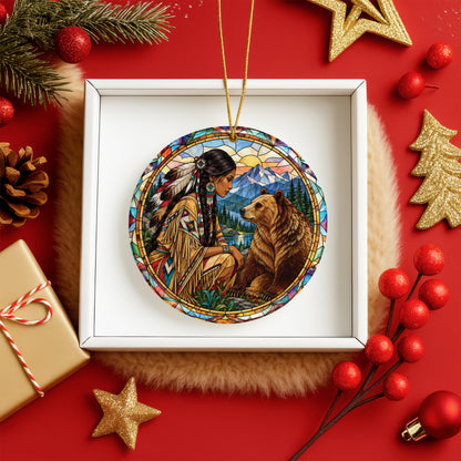 Bear And Woman Stained Glass Ceramic Christmas Ornament Holiday Decor