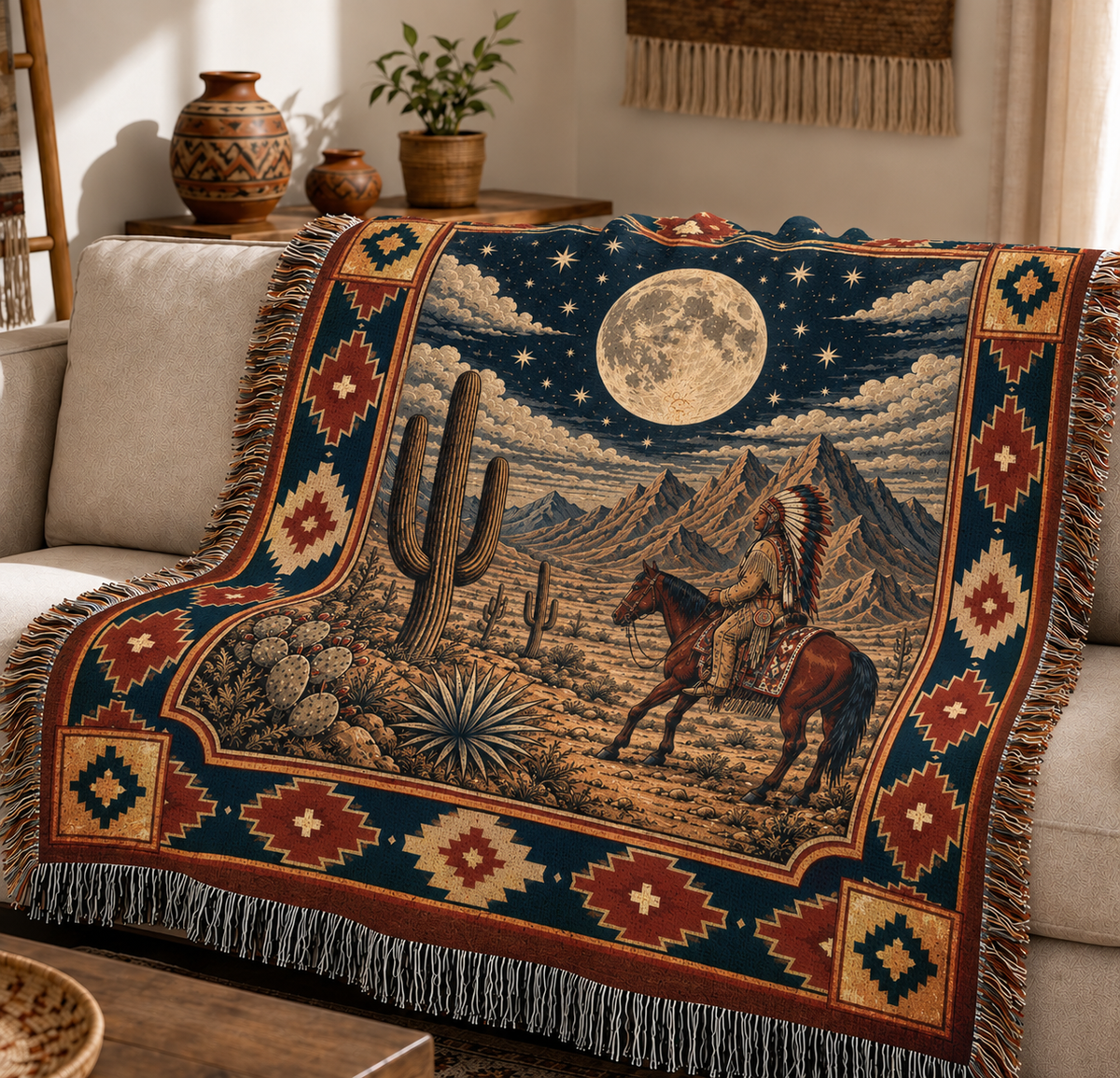 Native American Chief Horseback Moonlight Woven Throw Blanket