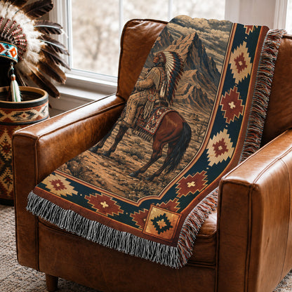 Native American Chief Horseback Moonlight Woven Throw Blanket