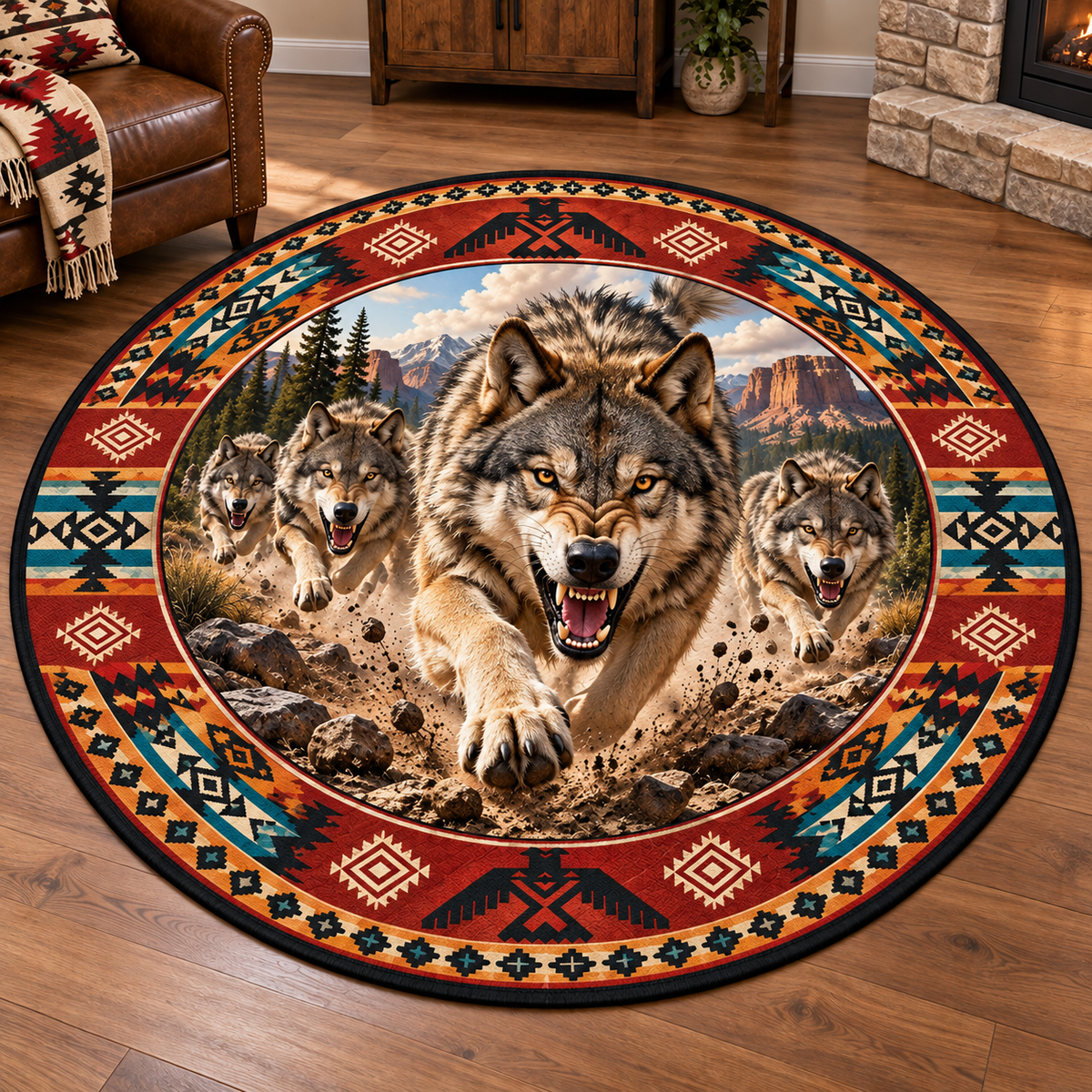 Native American Style 3D Wildlife Quilted Round Mat Home Decor