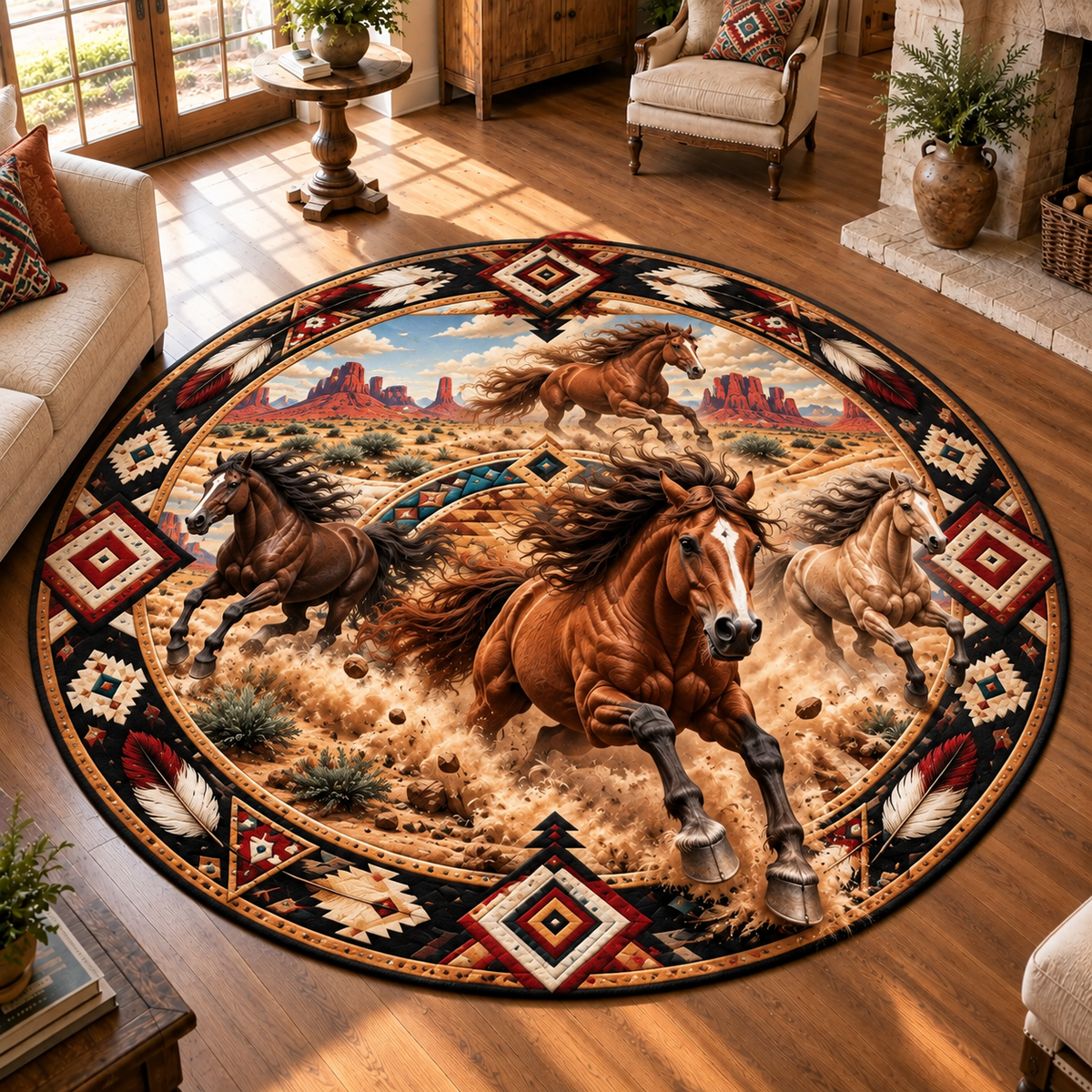 Native American Style 3D Wildlife Quilted Round Mat Home Decor