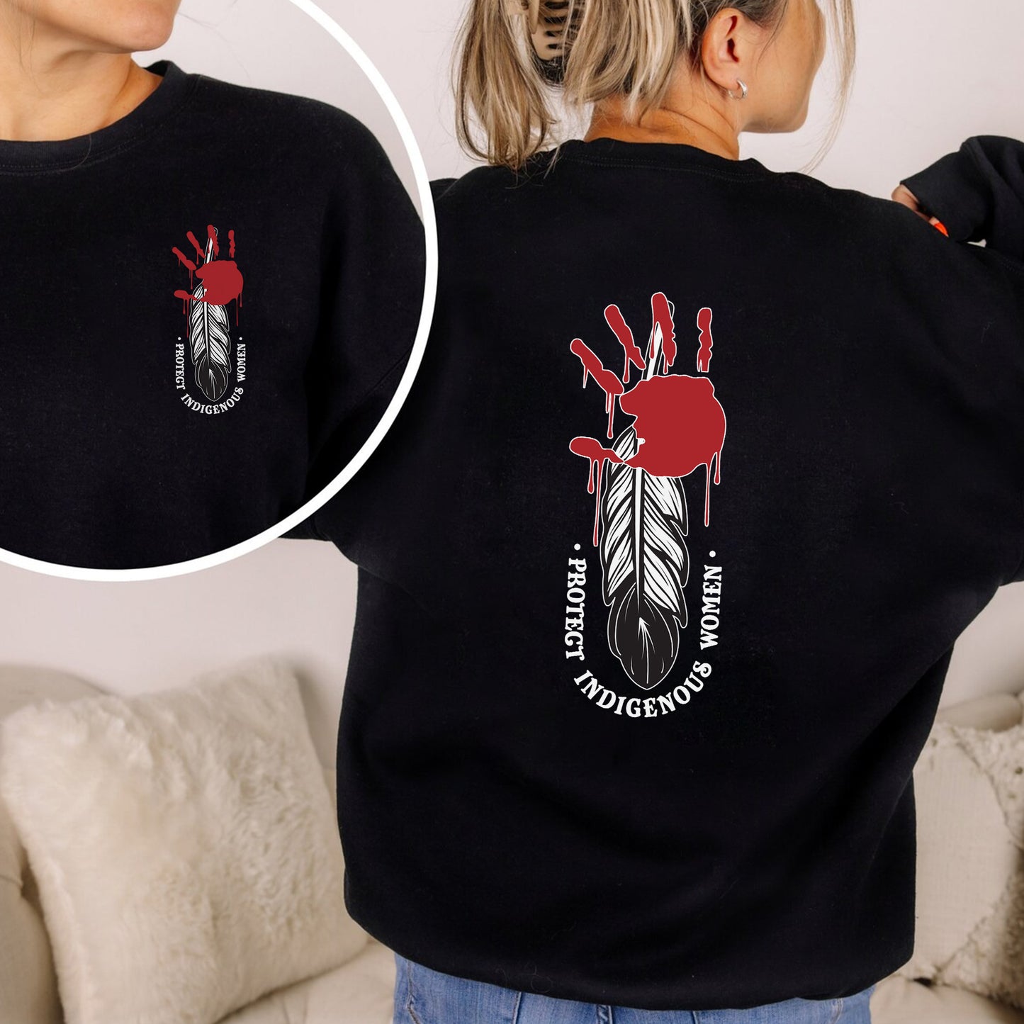 Protect Indigenous Women Red Hand Feather - Two Sides - MMIW Unisex T-Shirt/Hoodie/V-Neck/Sweatshirt
