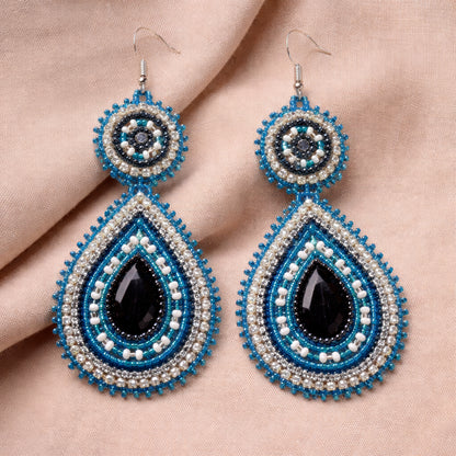 Handmade Beaded Teardrop Czech Blue Gray Earrings