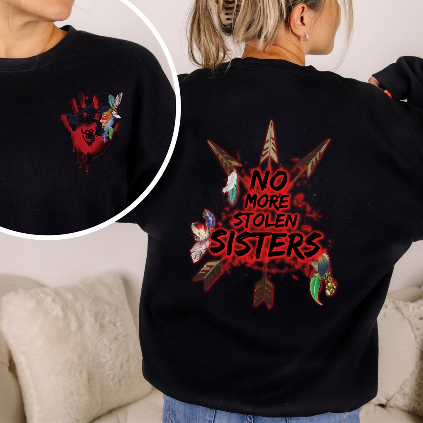 No More Stolen Sisters Red Hand Arrows - Two Sides - MMIW Unisex T-Shirt/Hoodie/V-Neck/Sweatshirt