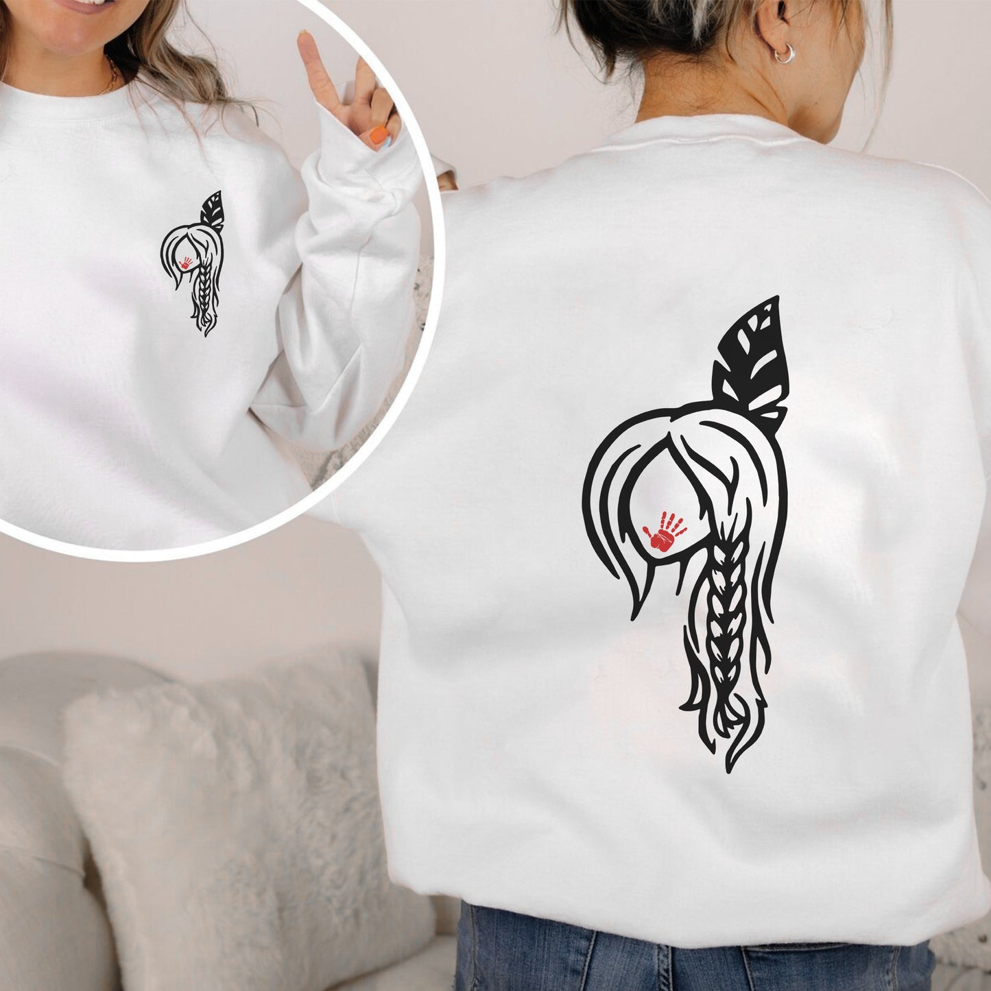 Braided Hair Red Handprint Indigenous Woman - Two Sides - MMIW Unisex T-Shirt/Hoodie/V-Neck/Sweatshirt