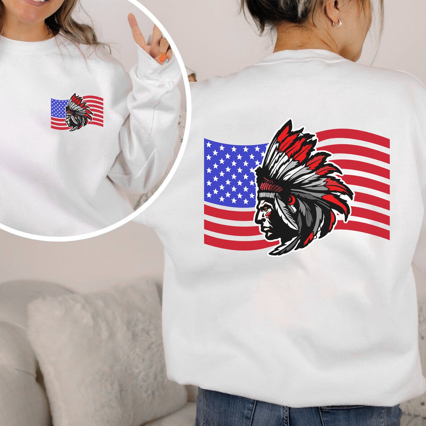 Native American Flag Tribal Chief Head with USA Flag Graphic - Two sides - Unisex T-Shirt/T-Shirt V-Neck/Hoodie/Sweatshirt