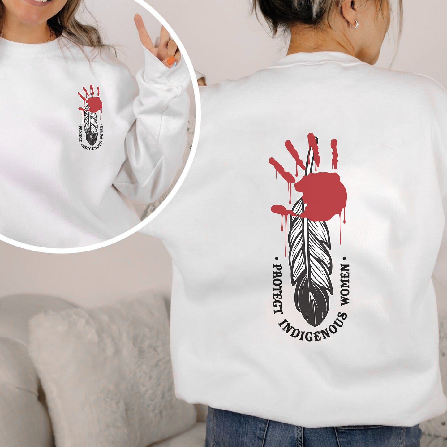 Protect Indigenous Women Red Hand Feather - Two Sides - MMIW Unisex T-Shirt/Hoodie/V-Neck/Sweatshirt