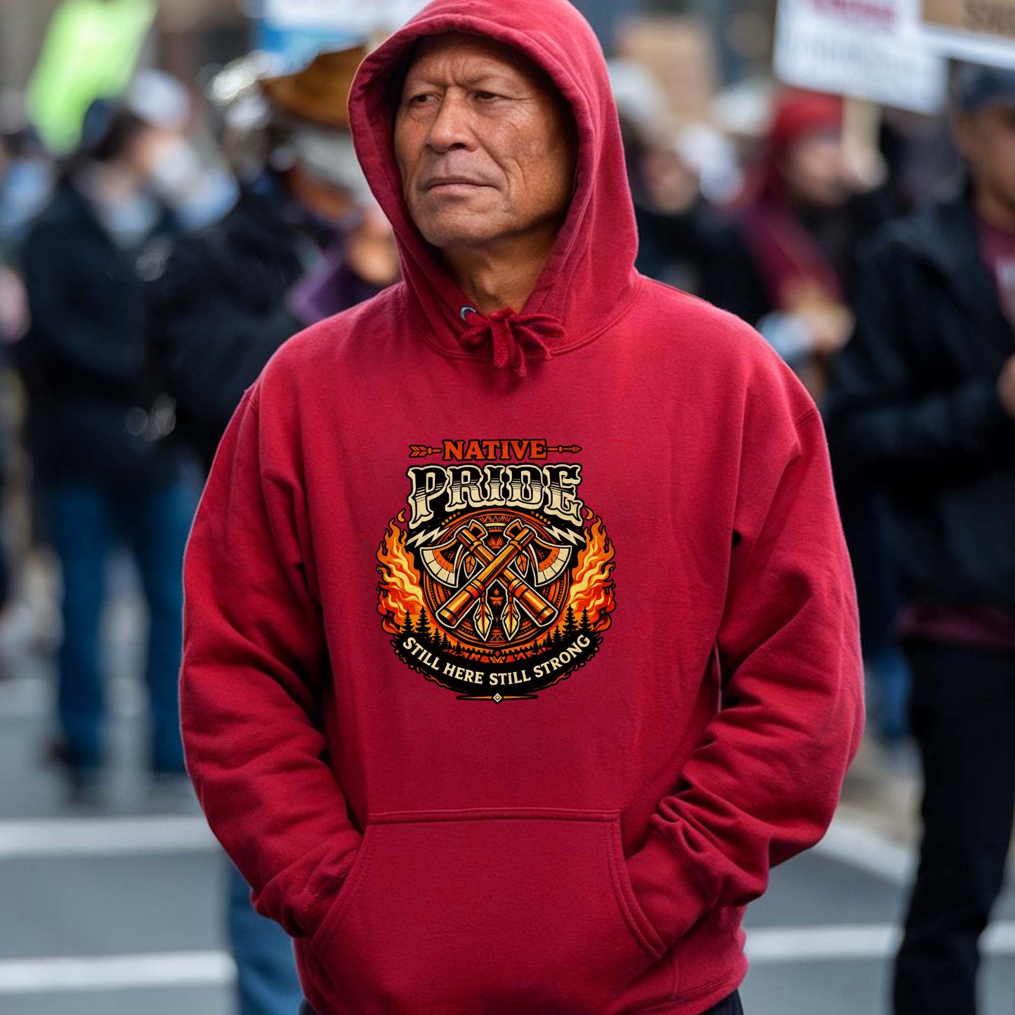 Native Pride Still Here Still Strong - Indigenous Warrior Tomahawk Graphic Unisex T-Shirt/T-Shirt V-Neck/Hoodie/Sweatshirt