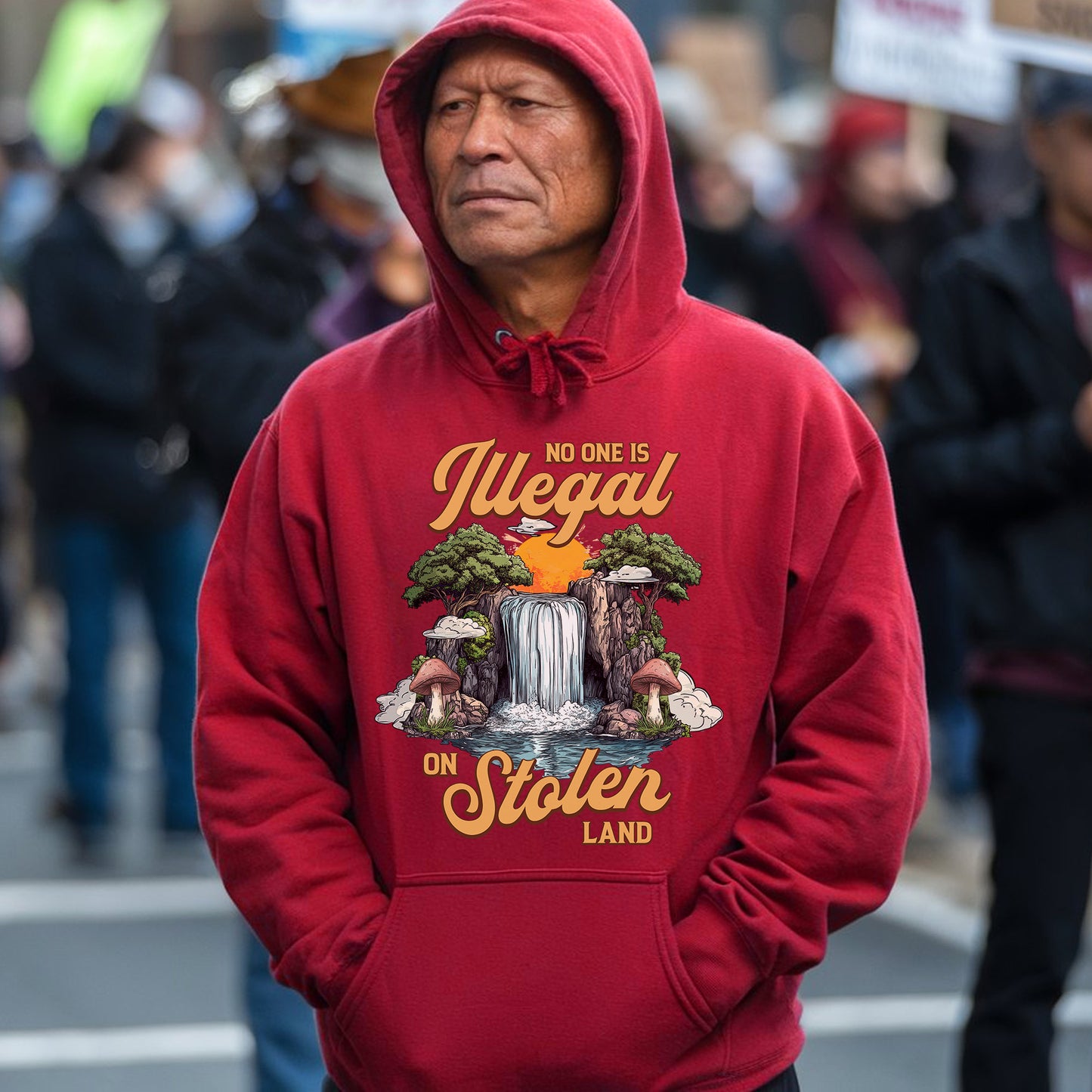 No One Is Illegal On Stolen Land - Waterfall Design Front Print Unisex T-Shirt/T-Shirt V-Neck/Hoodie/Sweatshirt