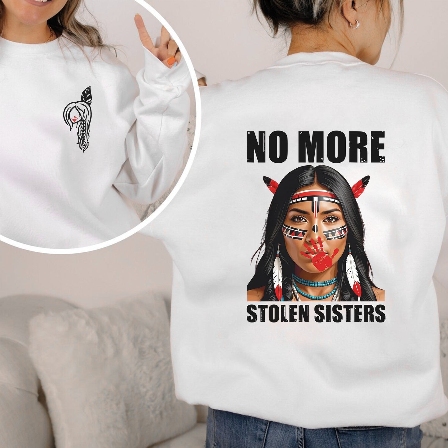 No More Stolen Sisters Indigenous Braided Hair Unisex - Two sides - T-Shirt/T-Shirt V-Neck/Hoodie/Sweatshirt