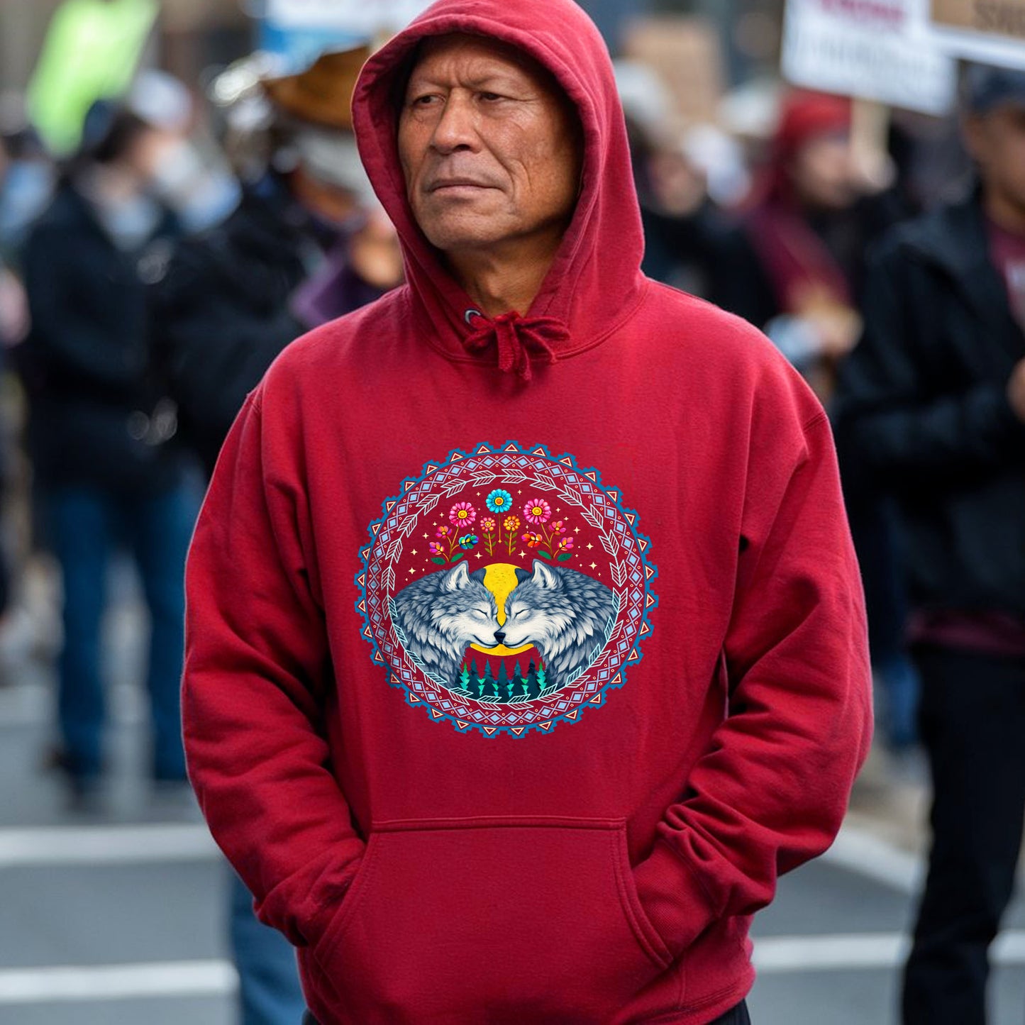 Two Wolves in Love Native Circle - Indigenous Art of Unity & Love Unisex T-shirt/T-shirt V-neck/Hoodie/Sweatshirt