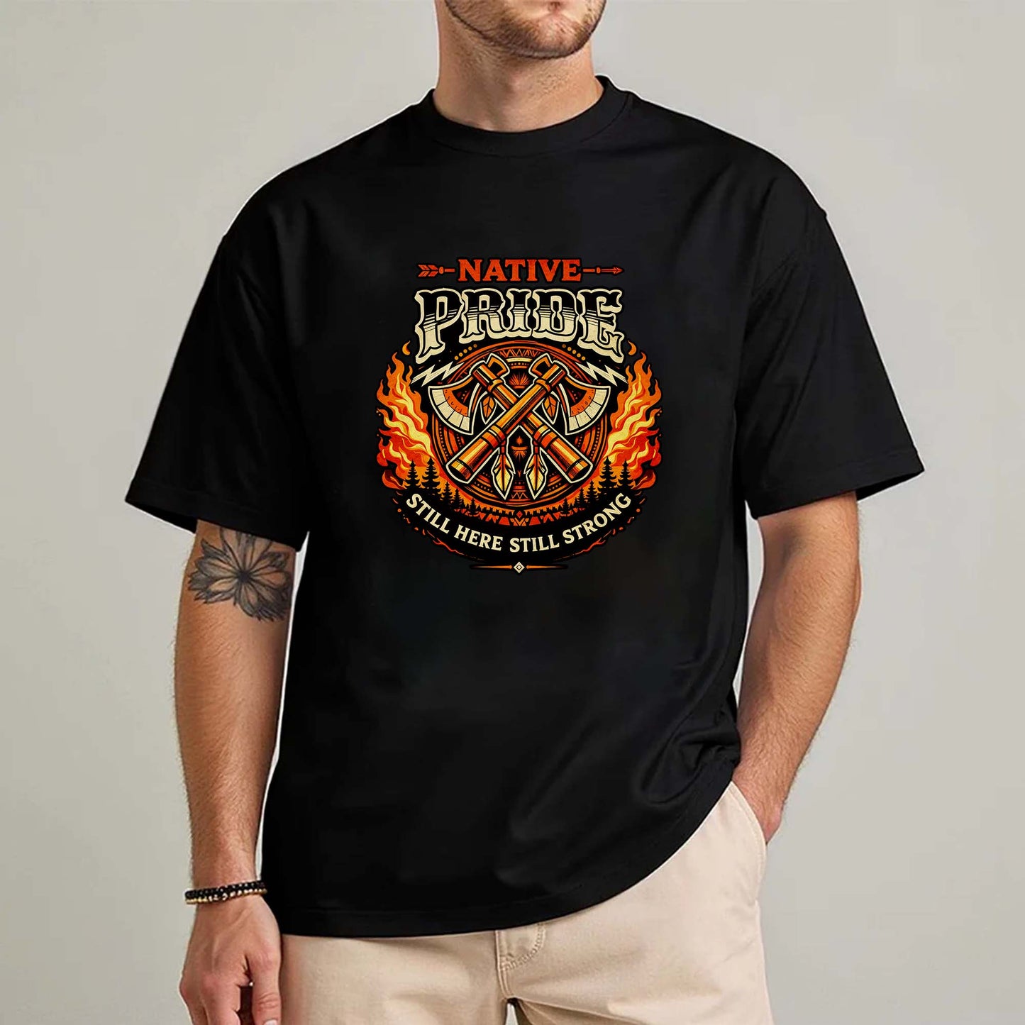 Native Pride Still Here Still Strong - Indigenous Warrior Tomahawk Graphic Unisex T-Shirt/T-Shirt V-Neck/Hoodie/Sweatshirt
