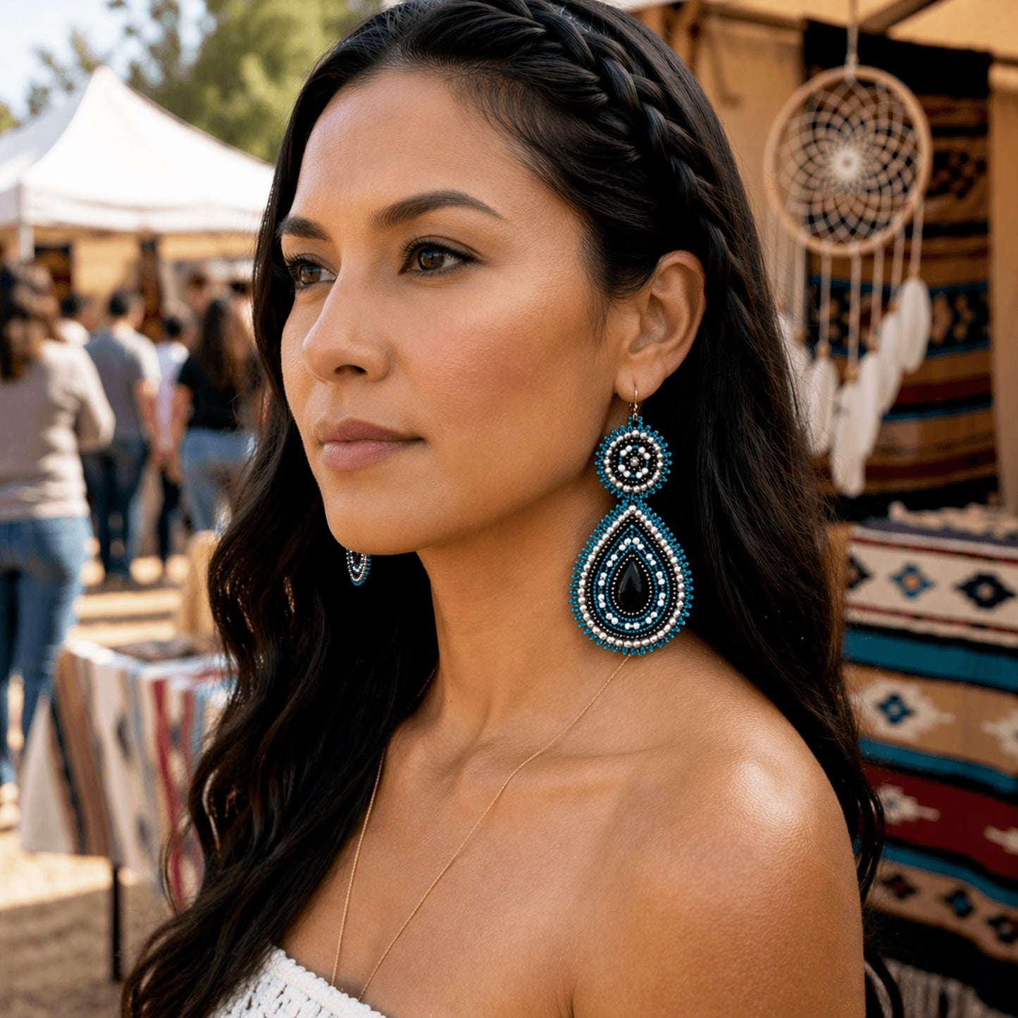 Handmade Beaded Teardrop Czech Blue Gray Earrings
