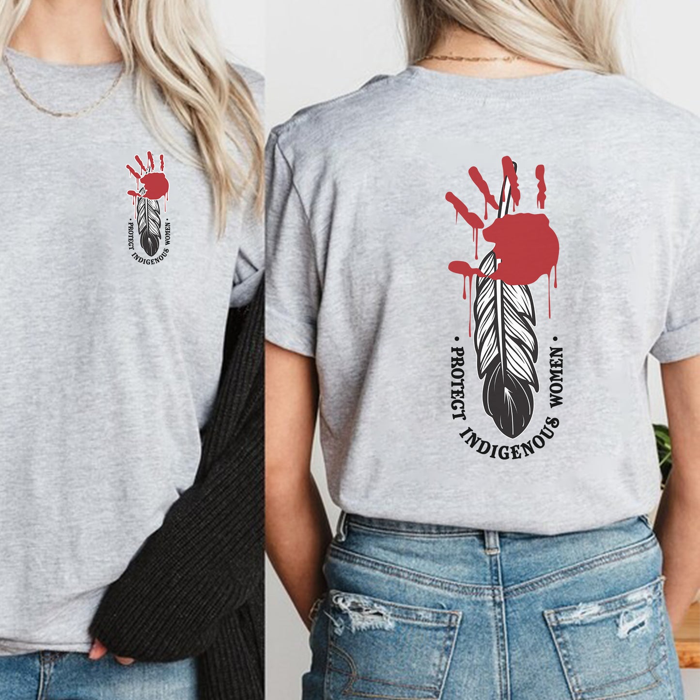 Protect Indigenous Women Red Hand Feather - Two Sides - MMIW Unisex T-Shirt/Hoodie/V-Neck/Sweatshirt