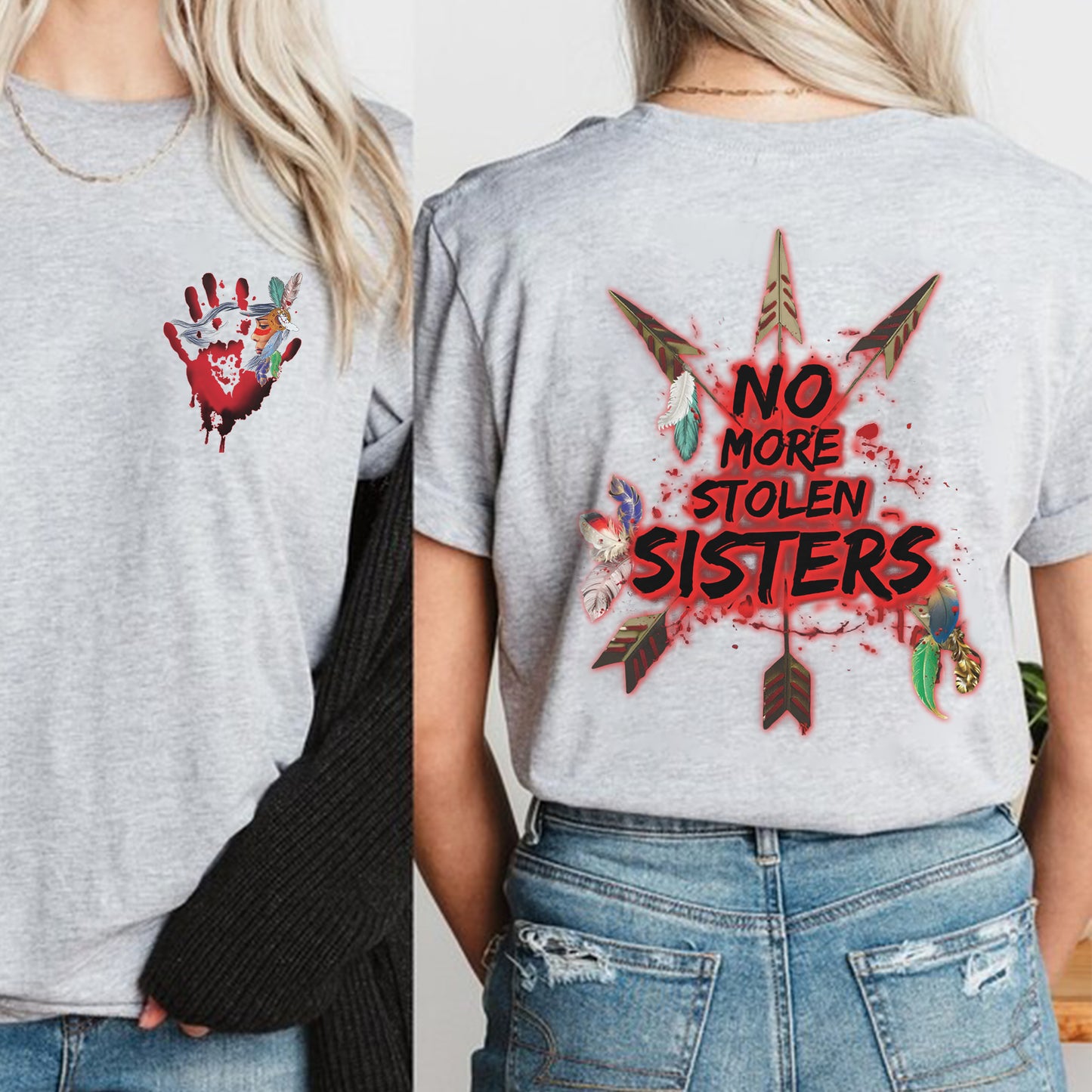 No More Stolen Sisters Red Hand Arrows - Two Sides - MMIW Unisex T-Shirt/Hoodie/V-Neck/Sweatshirt