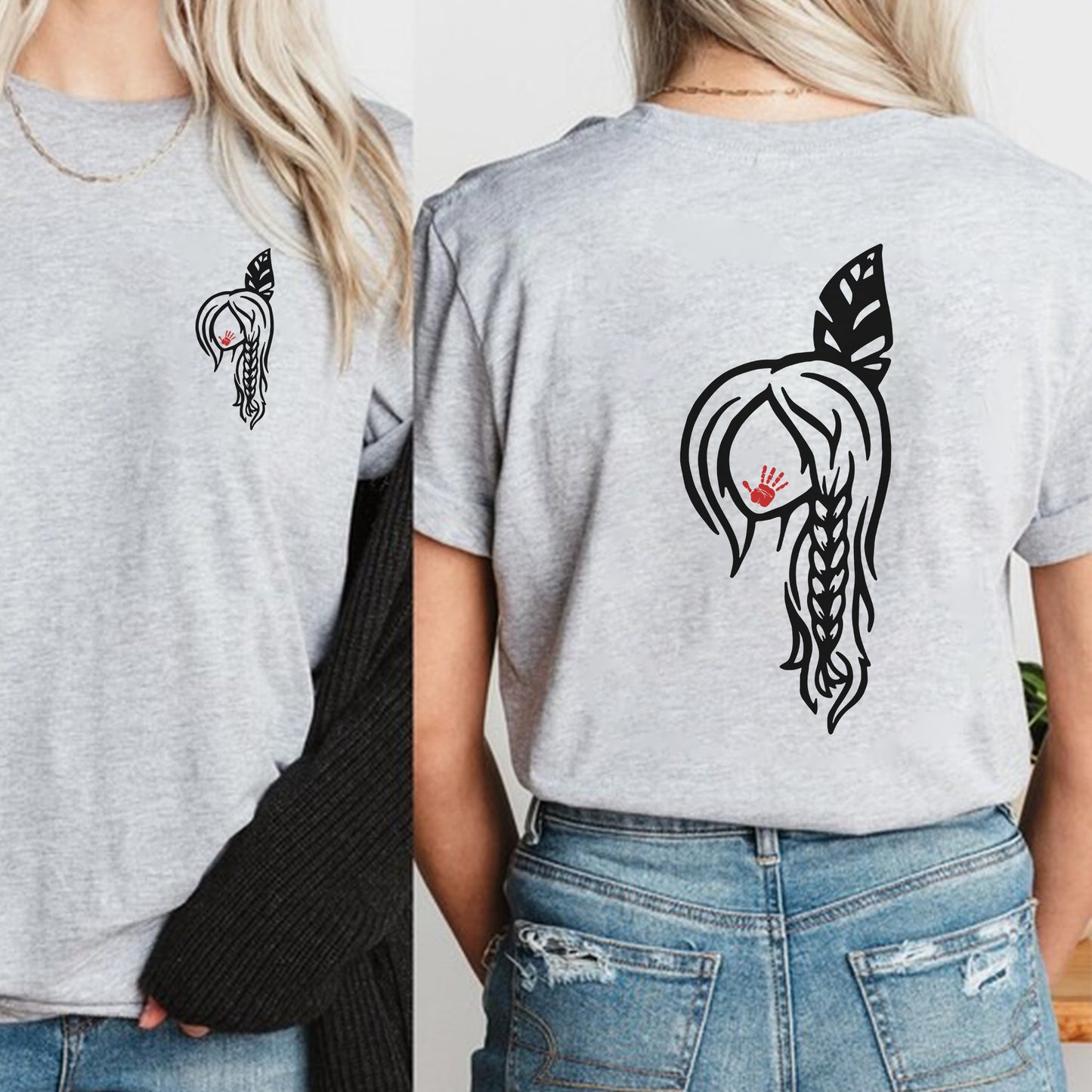 Braided Hair Red Handprint Indigenous Woman - Two Sides - MMIW Unisex T-Shirt/Hoodie/V-Neck/Sweatshirt
