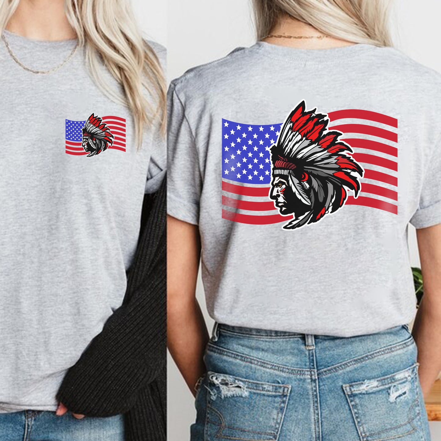 Native American Flag Tribal Chief Head with USA Flag Graphic - Two sides - Unisex T-Shirt/T-Shirt V-Neck/Hoodie/Sweatshirt