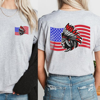 Native American Flag Tribal Chief Head with USA Flag Graphic - Two sides - Unisex T-Shirt/T-Shirt V-Neck/Hoodie/Sweatshirt