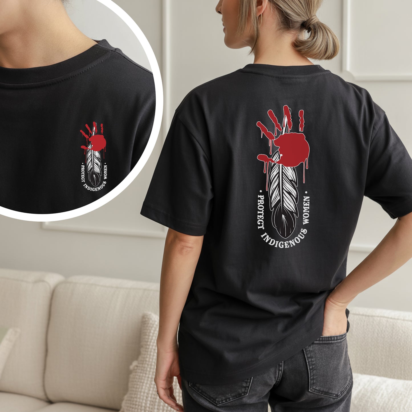 Protect Indigenous Women Red Hand Feather - Two Sides - MMIW Unisex T-Shirt/Hoodie/V-Neck/Sweatshirt