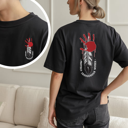 Protect Indigenous Women Red Hand Feather - Two Sides - MMIW Unisex T-Shirt/Hoodie/V-Neck/Sweatshirt