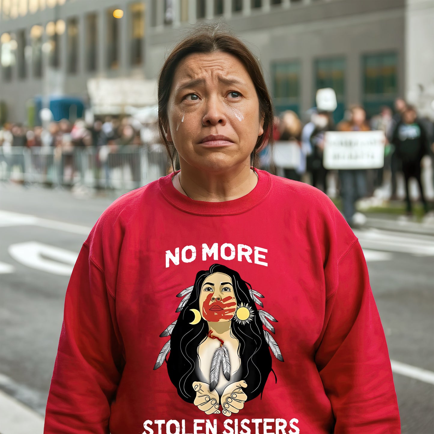 a woman wearing a red sweatshirt with a picture of a woman on it