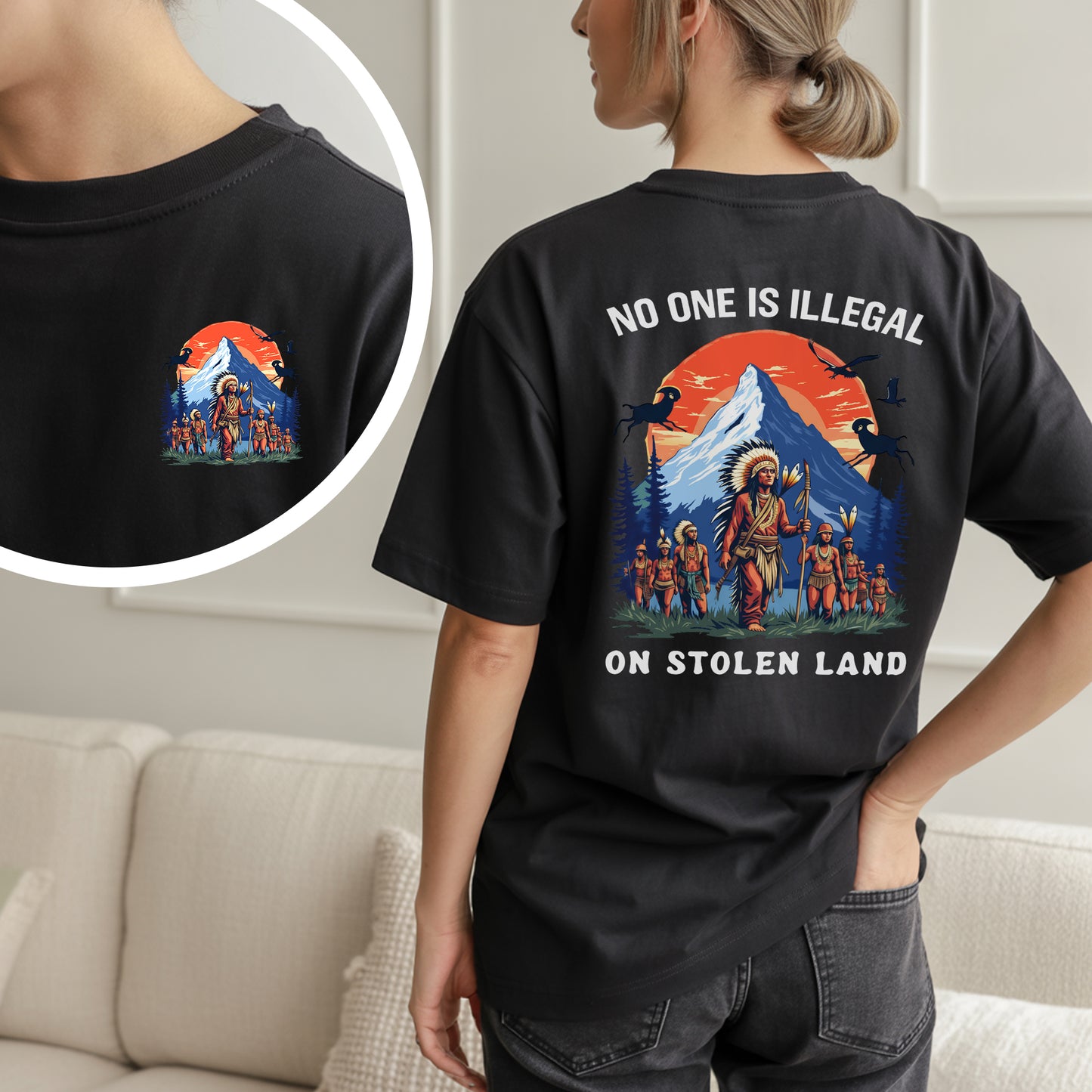 No One Is Illegal on Stolen Land Indigenous Graphic - Two sides - Unisex T-Shirt/T-Shirt V-Neck/Hoodie/Sweatshirt