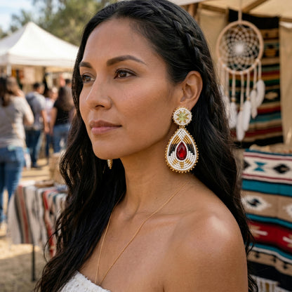 Handmade Beaded Teardrop Shape Post White Maroon Earrings